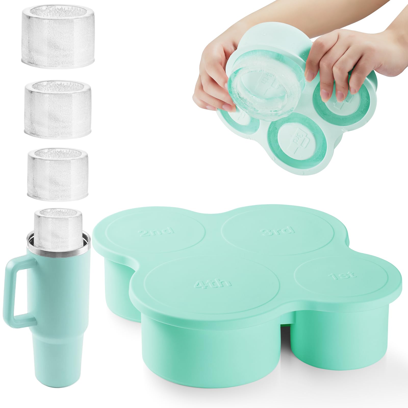 Nax Caki Green Hollow Cylinder Ice Cube Mold for 20oz 30oz 40oz Stanley Cup Accessories, Silicone Tumbler Ice Mold with Li...