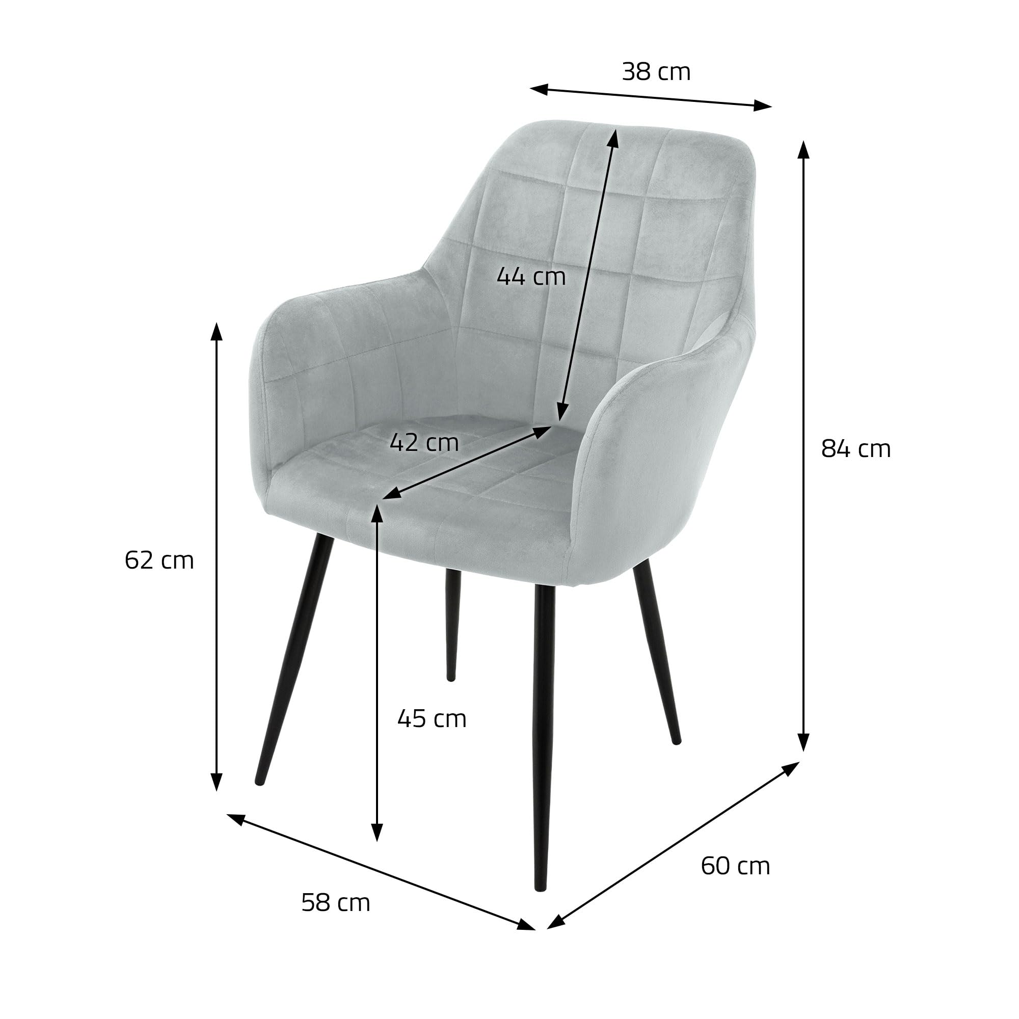 ECD Germany Lot de 6 Chaises de Salle à Manger Cuisine Salon Séjour - Gris - Assise Siège Rembourrée en Velours Structure en Métal Fauteuil Rétro avec Accoudoirs pour Bureau Réception Meuble Maison