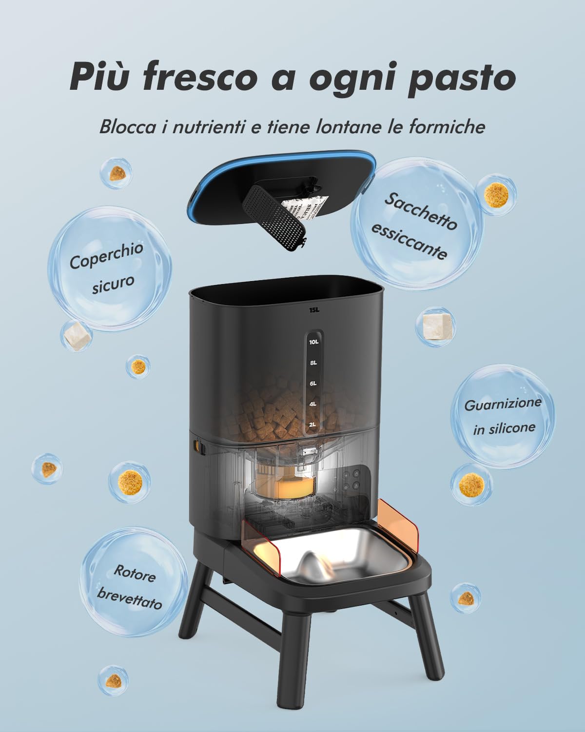 Distributore automatico cibo cani, capacità 15L, croccantini fino a 23mm