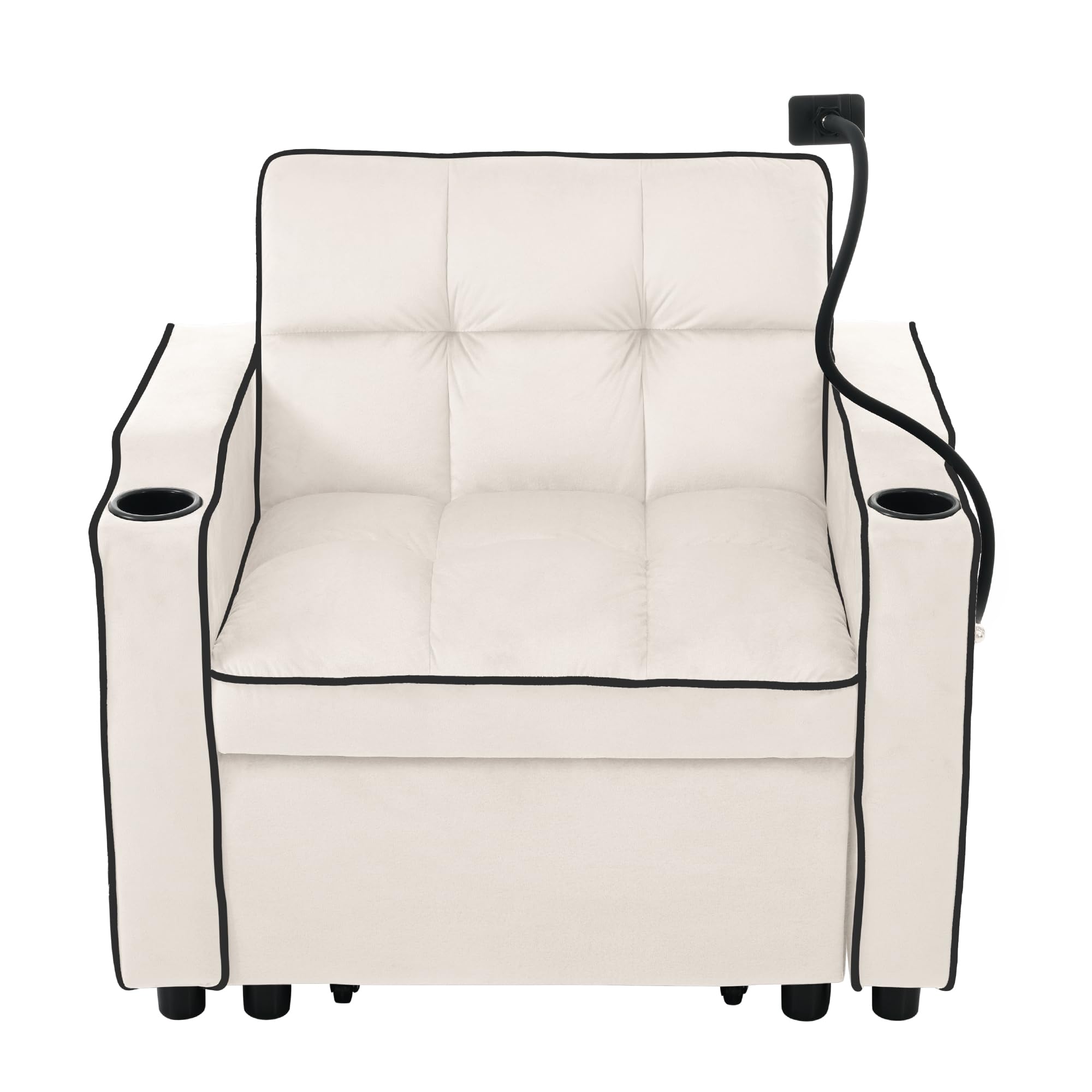 HaoChrymec Canapé Convertible 3-en-1, Tissu Velours, Fonction Lit, Repose-Pieds, Porte-Gobelets Et Support Téléphone, Idéal pour Petits Espaces, Beige, 83 x 167 x 76 cm