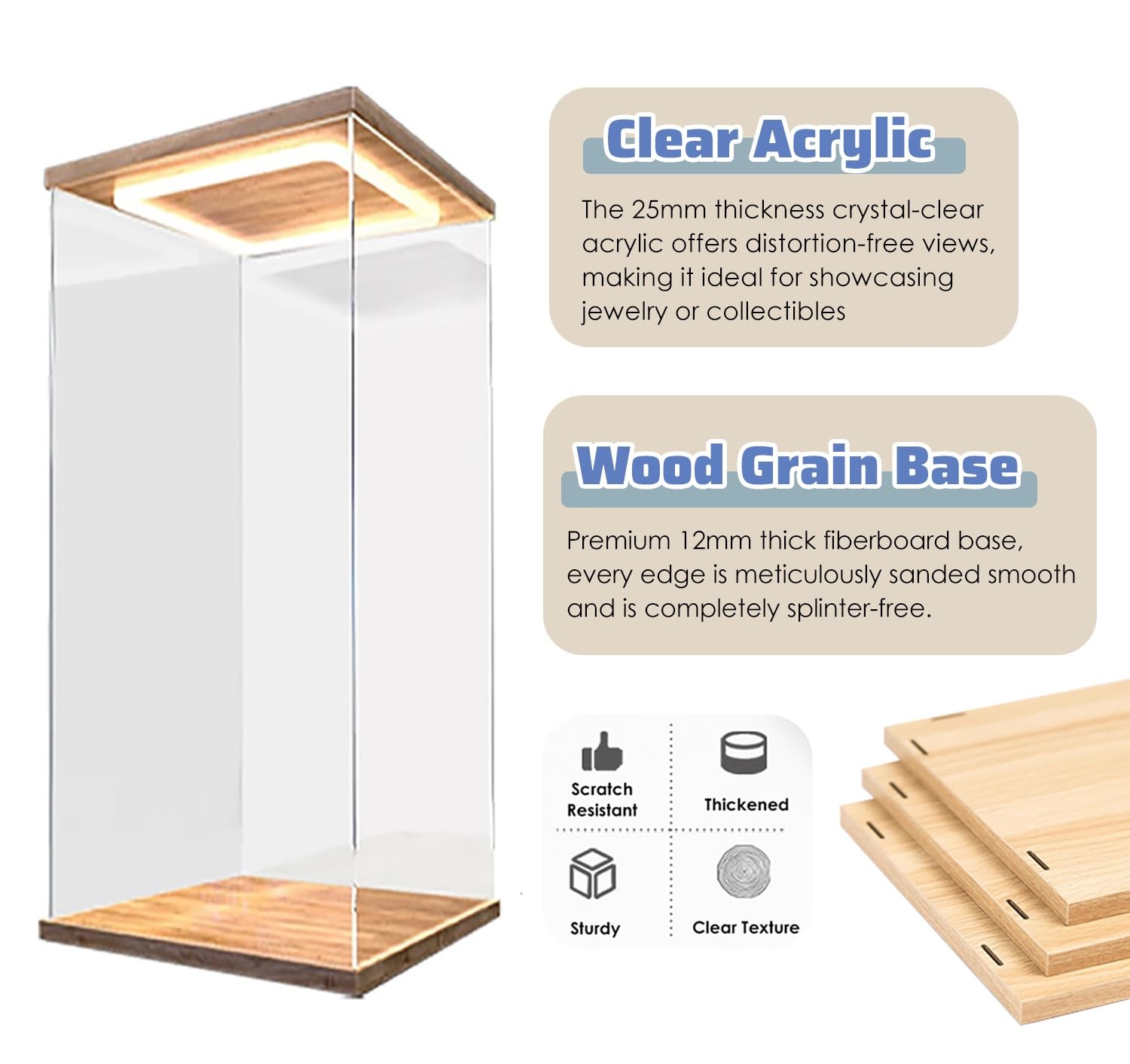 Teca Plexiglass Grande Piccola Vetrina in Acrilico per Figure da Collezione con Luci Led | Scatola Espositiva Trasparente Impilabile con Base in Legno, Copripolvere per Auto da Hobby(48x48x48 cm/19x19x19 in)