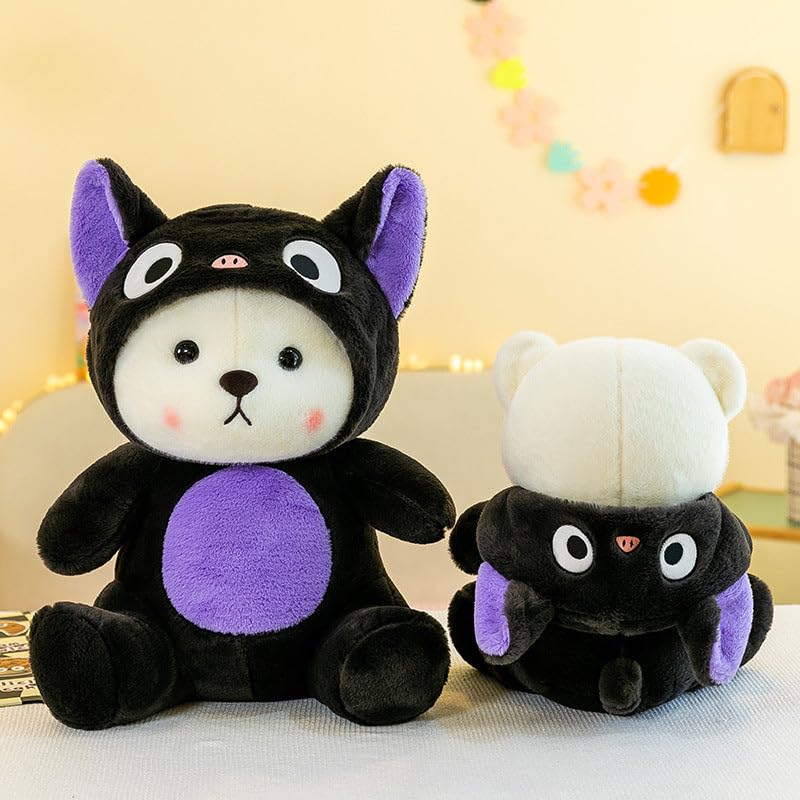 Image of Y U COLLECTION Plush Bear in Black Cat Hoodie Costume, 40 cm, Soft Stuffed Animal Toy, Purple and Black