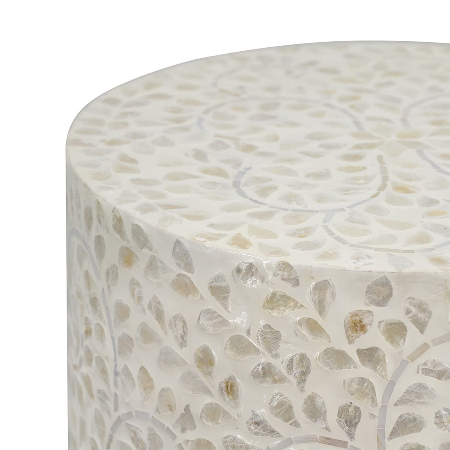 Benjara 18 Inch Luxury Accent Table Stool, Foliage Star Pattern, White and Ivory