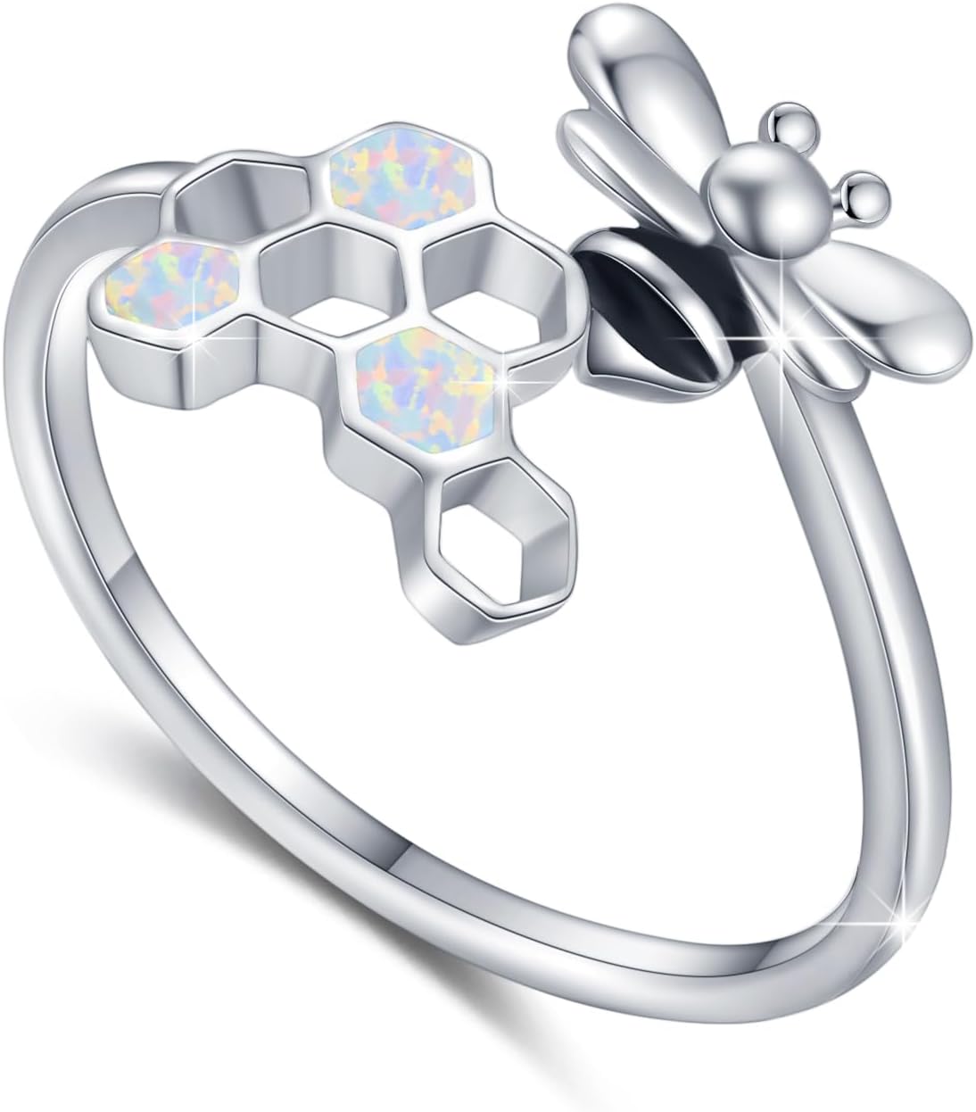 CUOKA MIRACLE Bumblebee Ring for Women 925 Sterling Silver Honeycomb Bee Ring with Opal Adjustable Honey Bee Rings Adorable Insect Jewelry Animal Gift for Bee Lovers