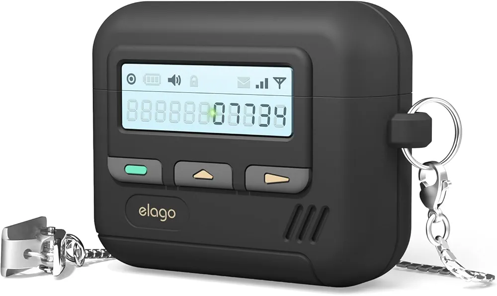 elago Coque Pager Compatible avec l'étui AirPods 4ème Génération - Compatible avec l'étui AirPods 4, Mousqueton Inclus, Résistant aux Chocs, Protection Complète, pour Hommes, pour Femmes (Noir)