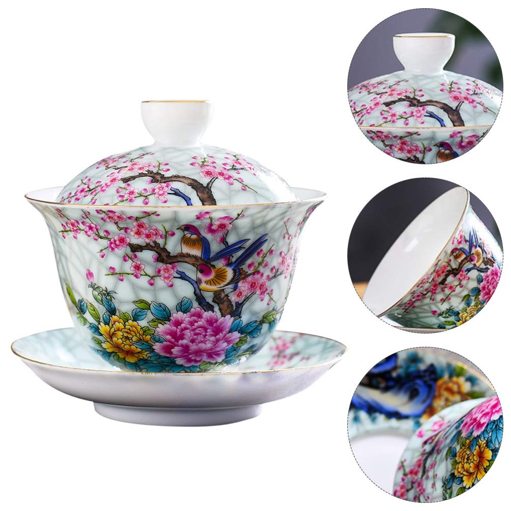 Juego de Tazas de té Estilo Palacio, Taza y platillo de cerámica de Porcelana China, Taza de té y café para el Desayuno, Cocina casera, Taza de té con diseño de pájaro y Rama (Colo