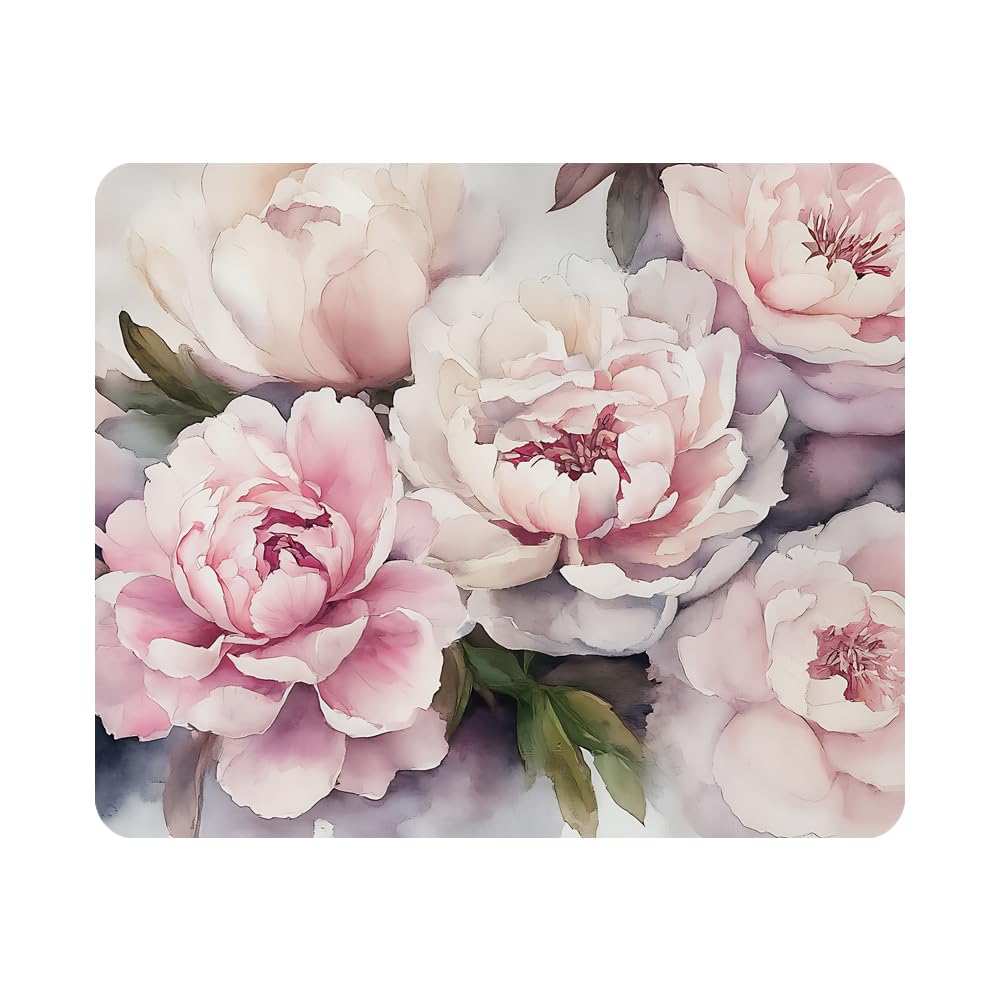 Gaming Mouse Pad Watercolor Peonies Pink Flowers Painting Non-Slip Rubber Mouse Pad for Computers, Laptop, Office, Home Rectangle Personalized Mousepad 9.5 Inch x 7.9 Inch