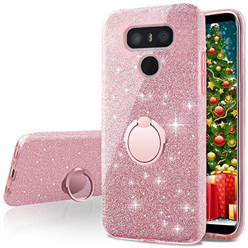 LG G6 Case, LG G6 Plus Case, Silverback Girls Bling Glitter Sparkle Cute Phone Case with 360 Rotating Ring Stand, Soft TPU Outer Cover + Hard PC Inner Shell Skin for LG G6 -Rose Gold