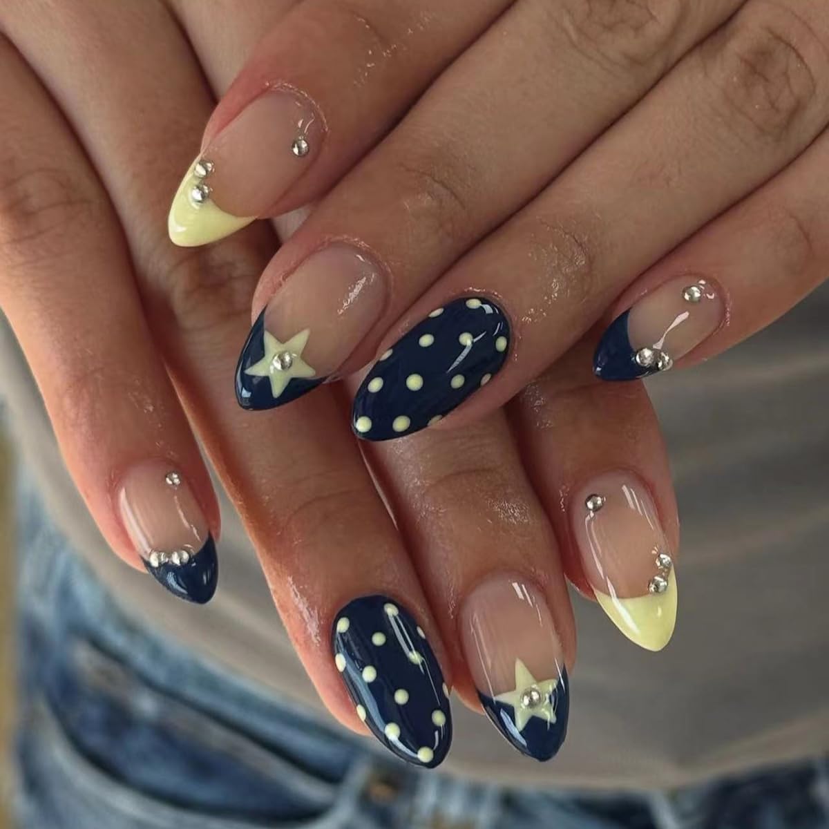 Photo 1 of ZIFANHU Blue Yellow French Tip Press on Nails Almond Short Fake Nails with Polka Dot Stars Rhinestones Designs, Glossy Finish Reusable False Nails with Glue Tabs Nail Kit for Women Manicure 24Pcs