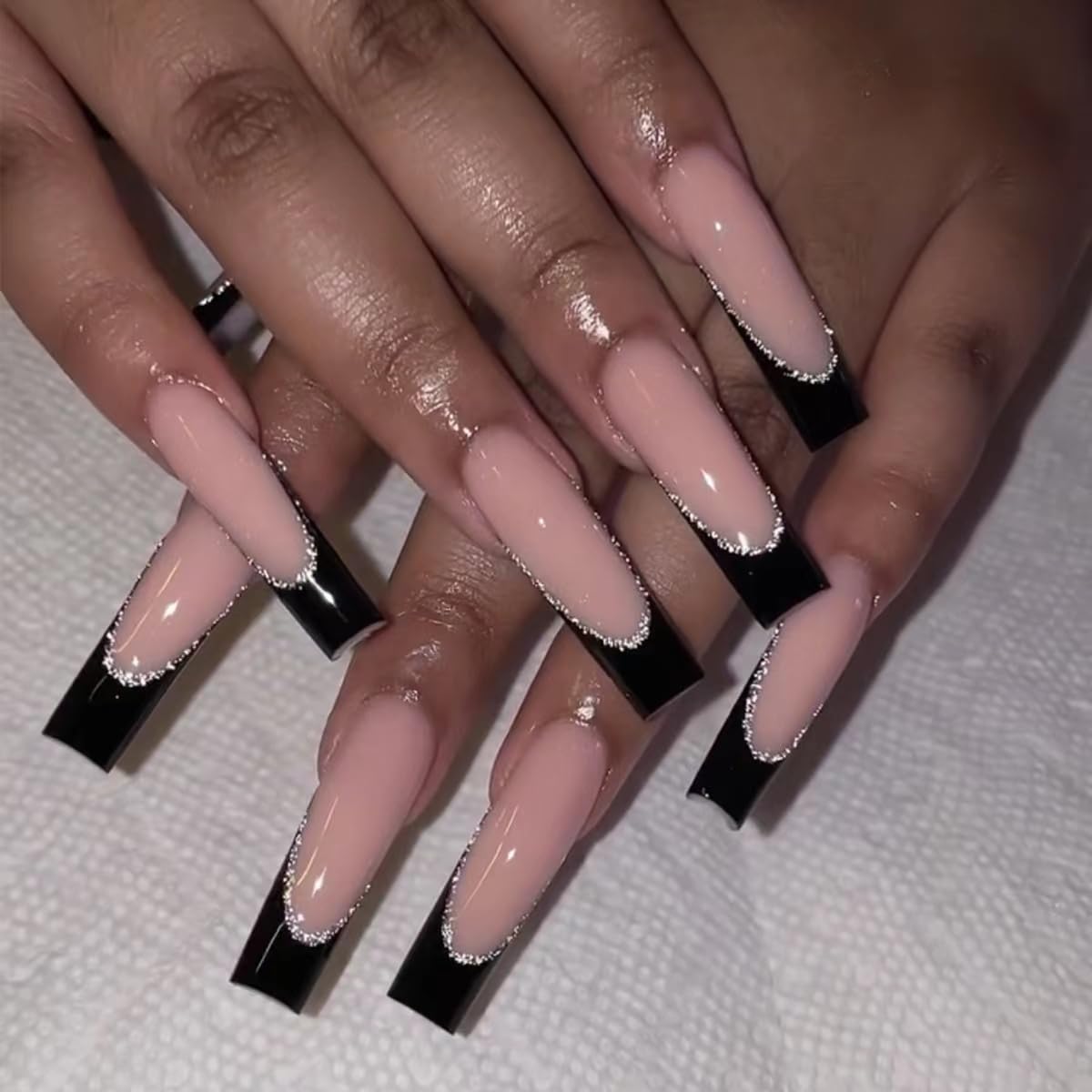 Magrace Press on Nails Long Square Fake Nails Nude Black False Nails with Designs 24 pcs Stick on Nails for Women (A-5)
