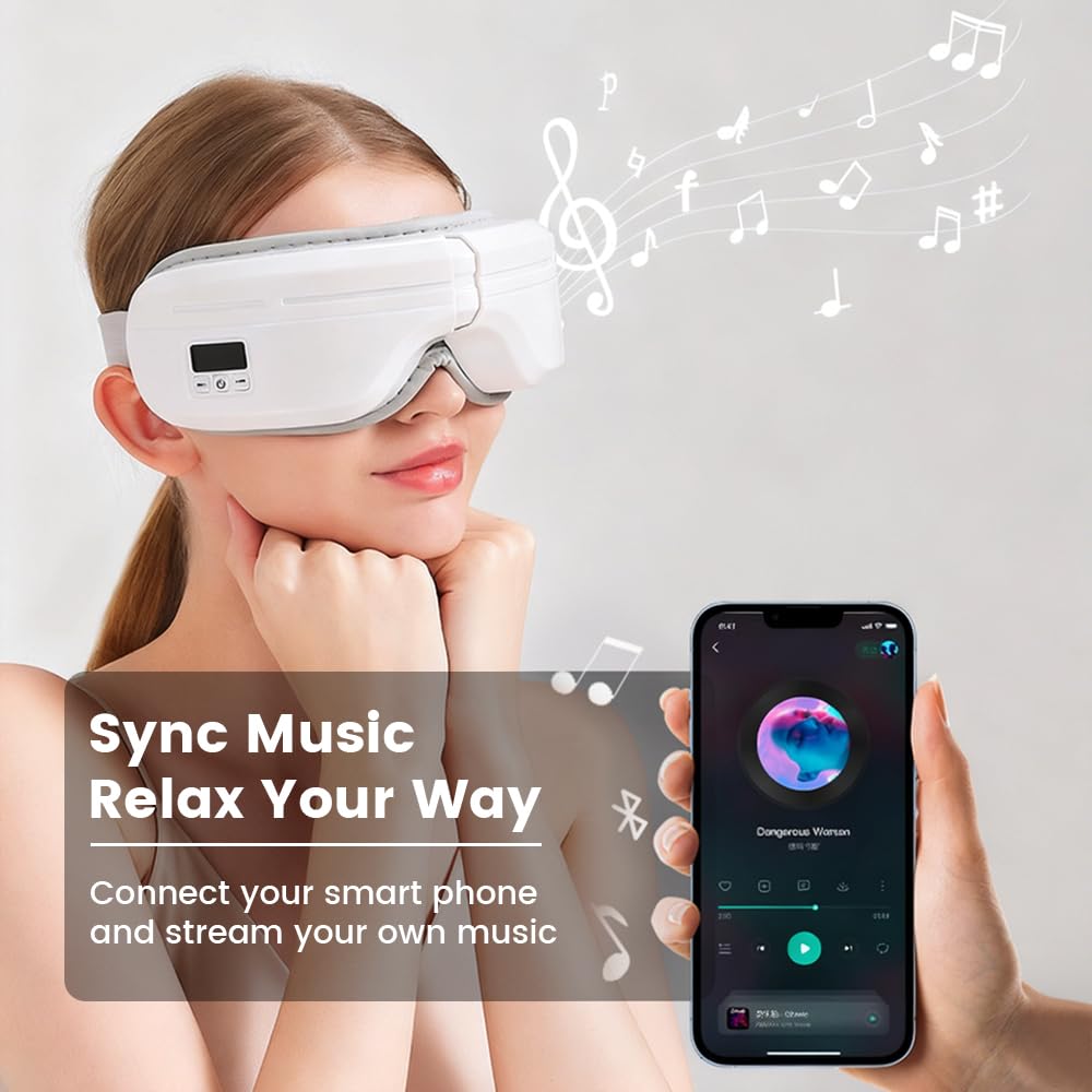 Masajeador de ojos con calor, máscara de masaje plegable con cinco modos de masaje, máscara de dormir recargable con música Bluetooth para ojos secos, relajarse, reducir la tensión, color