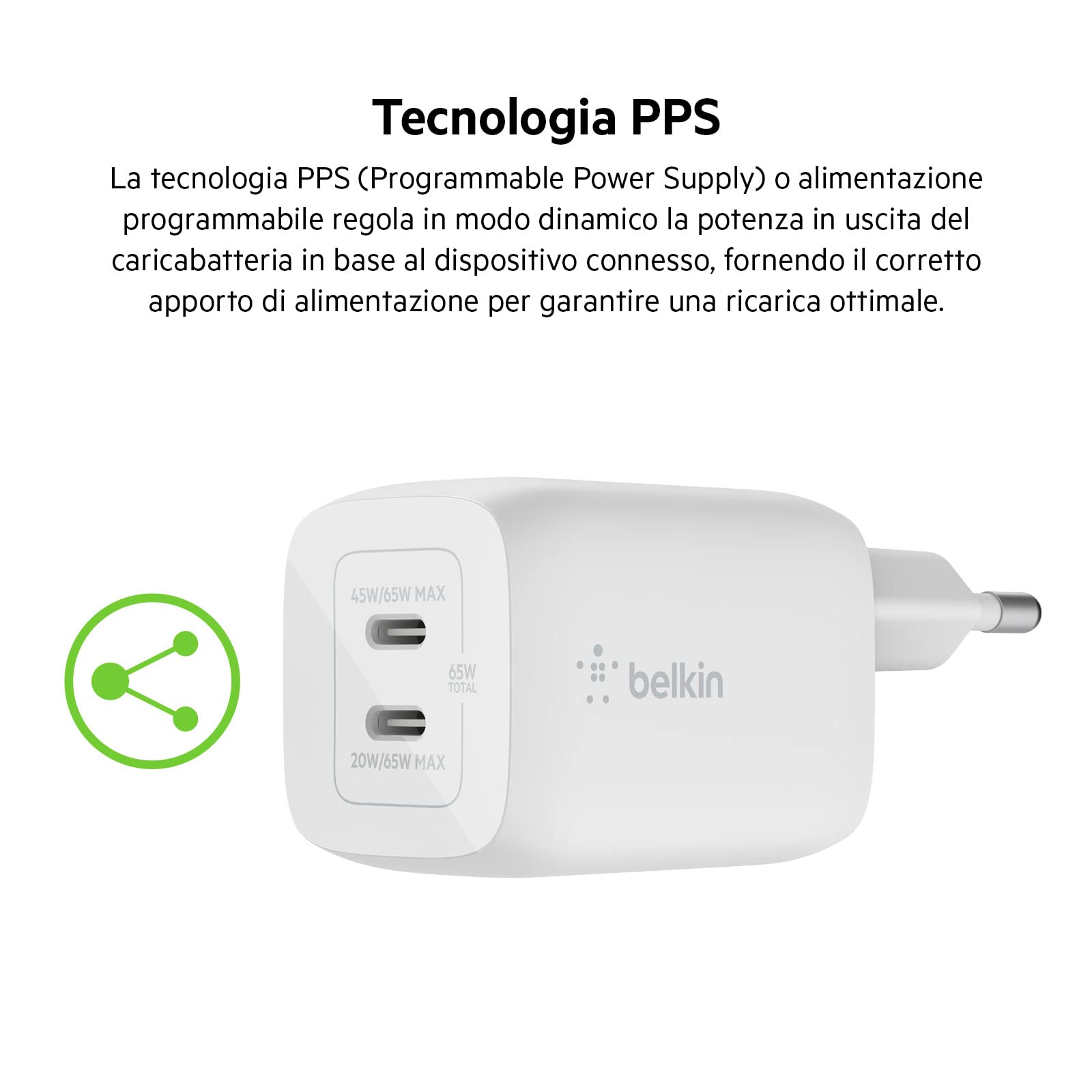 Belkin Doppio caricabatteria da parete USB-C da 65 W, ricarica rapida PD 3.0, caricatore USB C con tecnologia GaN per iPhone 16, 15, 14, 13, 12, Pro, Pro Max, iPad, MacBook, Galaxy S24, S23, S22, Tab
