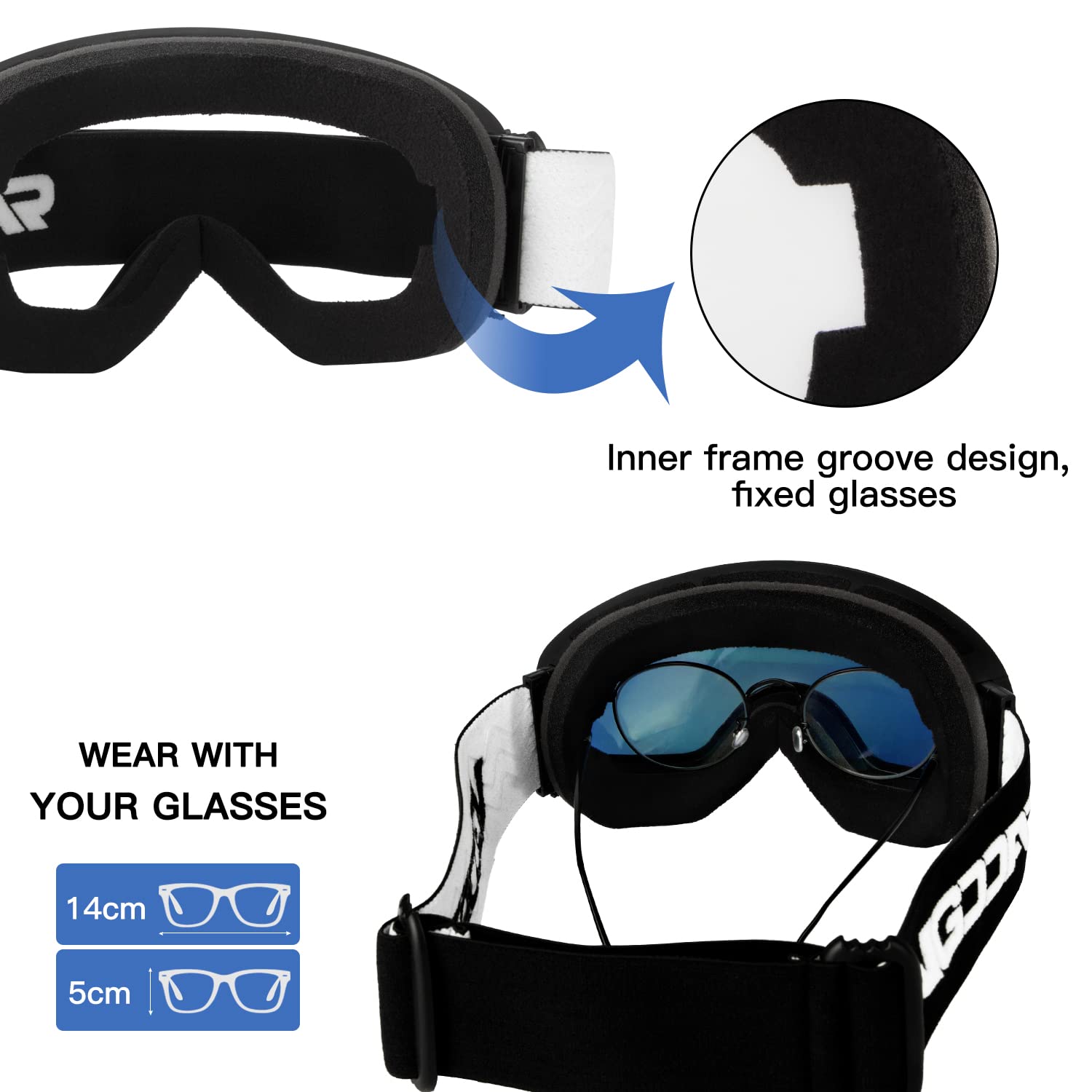 OTG Maschera da Sci, Occhiali da Sci Frameless con Doppia Lente Sferica Anti-nebbia, Maschere da Sci Snowboard 100% Protezione UV400 Per Uomo/Donna