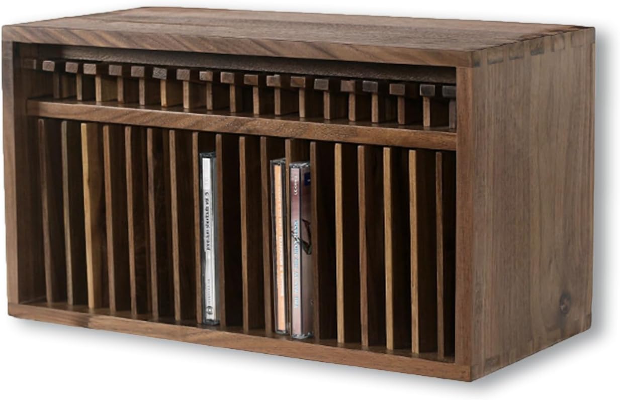 Vintage Desktop CD Storage Rack, Wooden DVD Organizer Stand, Holds 19 Standard CD Cases, Suitable CD Cases 14 X 1.4 X 14.5cm, for Home, Office, Music Room, Theatre Room
