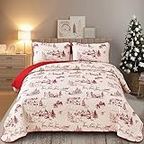 Yiran Red White Christmas Quilt Set Christmas Deer Snowman Village Bedspread Lightweight Soft Microfiber Coverlet Bedding Set Queen 96'x90'