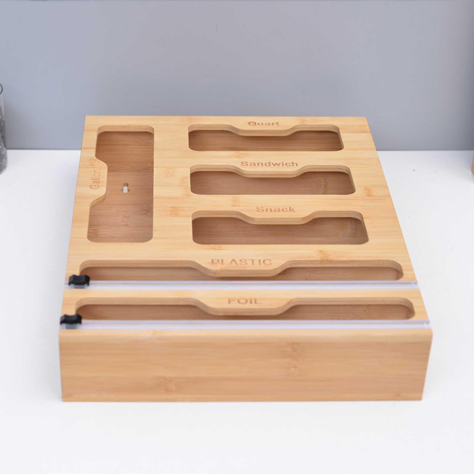 Caja organizadora de bolsas Ziplock para cajones de cocina de bambú, 6 en 1, plástico y envoltura de almacenamiento de alimentos con dispensadores y cortadores para bolsas de galones, cuartos, sándwic