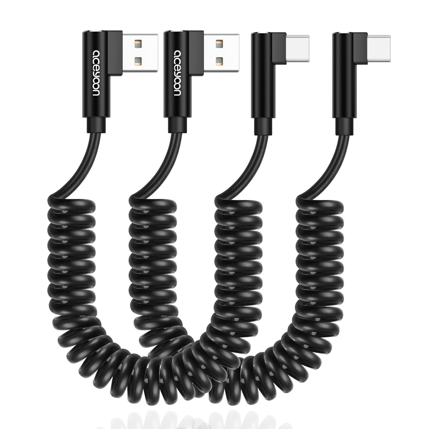 aceyoon 2 Stück USB auf USB C Spiralkabel 90 Grad 80cm, 3A Spiralkabel USB C Schnellladekabel und Datenkabel für Samsung Galaxy, für Huawei, für Google Pixel, bis 1.5m erweitert