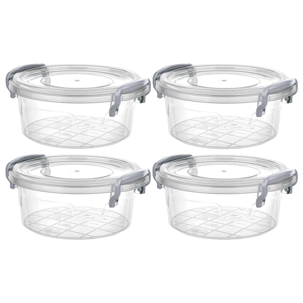 Concept4u 4 Pcs x 600ml Plastic Storage Box with Lid Clip Multipurpose Clear Round Container Transparent Heavy Duty Stackable Box Ideal for Home, Office, Kitchen, Food, Toys, Closet, Animal Feed