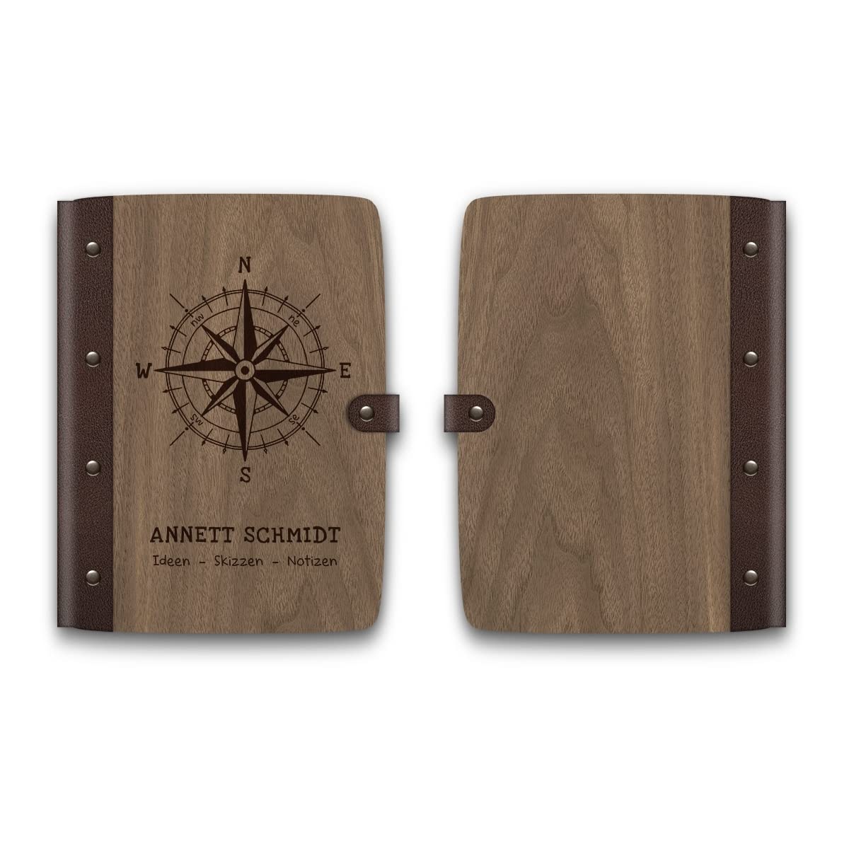 Personalisiertes Notizbuch Holzcover mit Echtleder Rücken 72 Blatt | 144 Seiten A5 hoch 158x222mm Nussbaum Amerikanisch - Kompass