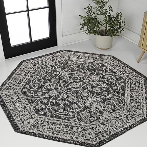 Image of JONATHAN Y Vine & Border Indoor Outdoor Octagon Area Rug 8 Ft Black /Gray, Palazzo Textured Weave for Backyard, Patio, Porch, Easy-Cleaning, High Traffic, Pet-Friendly, Non-Shedding (SMB103C-8TGN)