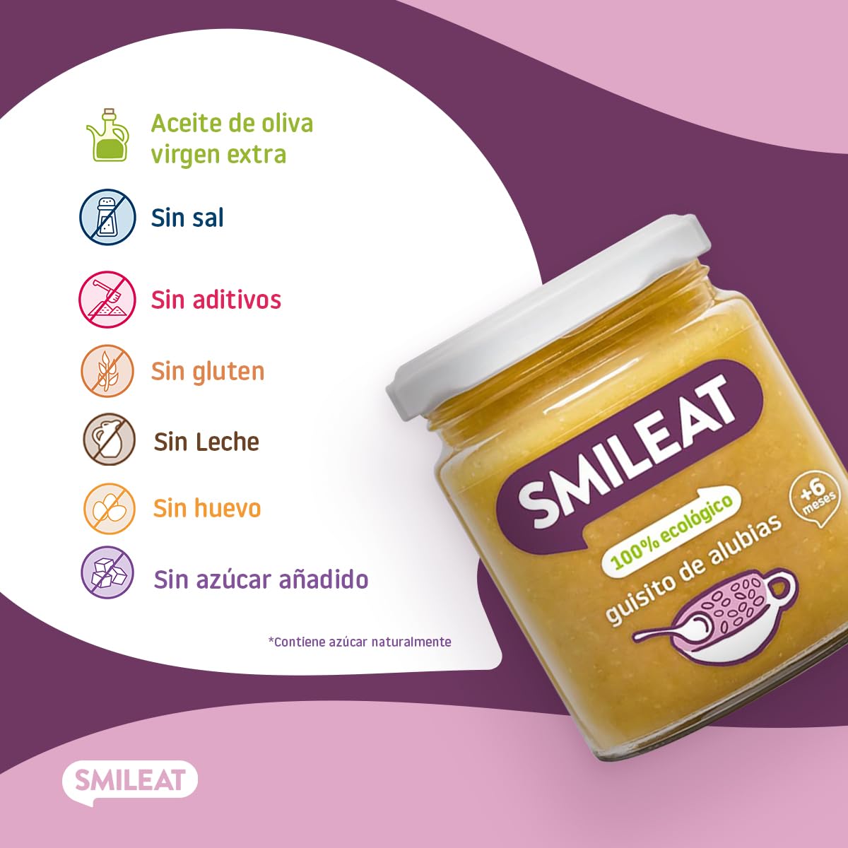 Smileat - Tarritos Ecológicos de Guisito de Alubias, Ingredientes Naturales, para Bebés desde 6 Meses, Sano y Saludable, sin Gluten - Pack de 12 Tarros x 230 g = 2760 g
