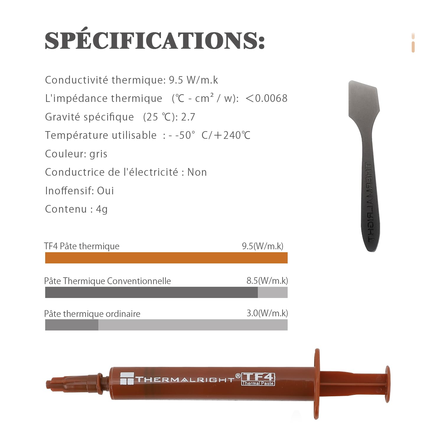 TR TF4 4G Pasta di composto termico per refrigeratori di processore, pasta di calore ad alta conducibilità 9,5 W/M.K per tutti i processori (CPU, GPU), non conduttivo, con uno strumento di spatola