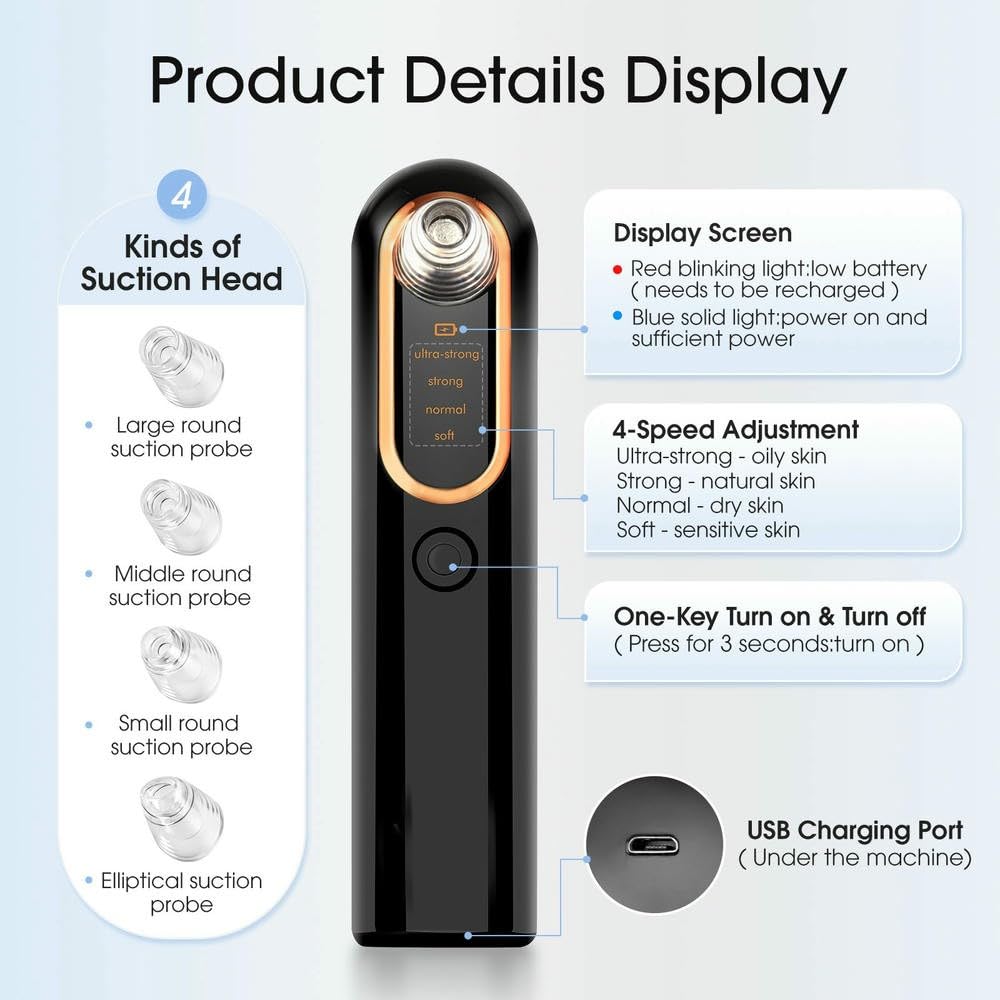 NYSDM - Aspirapolvere Elettrico per la rimozione dei Punti Neri, Strumento per la Pulizia Profonda dei pori, Compatto e con Display, per la Pulizia Profonda del Viso, per Rimuovere l'acne
