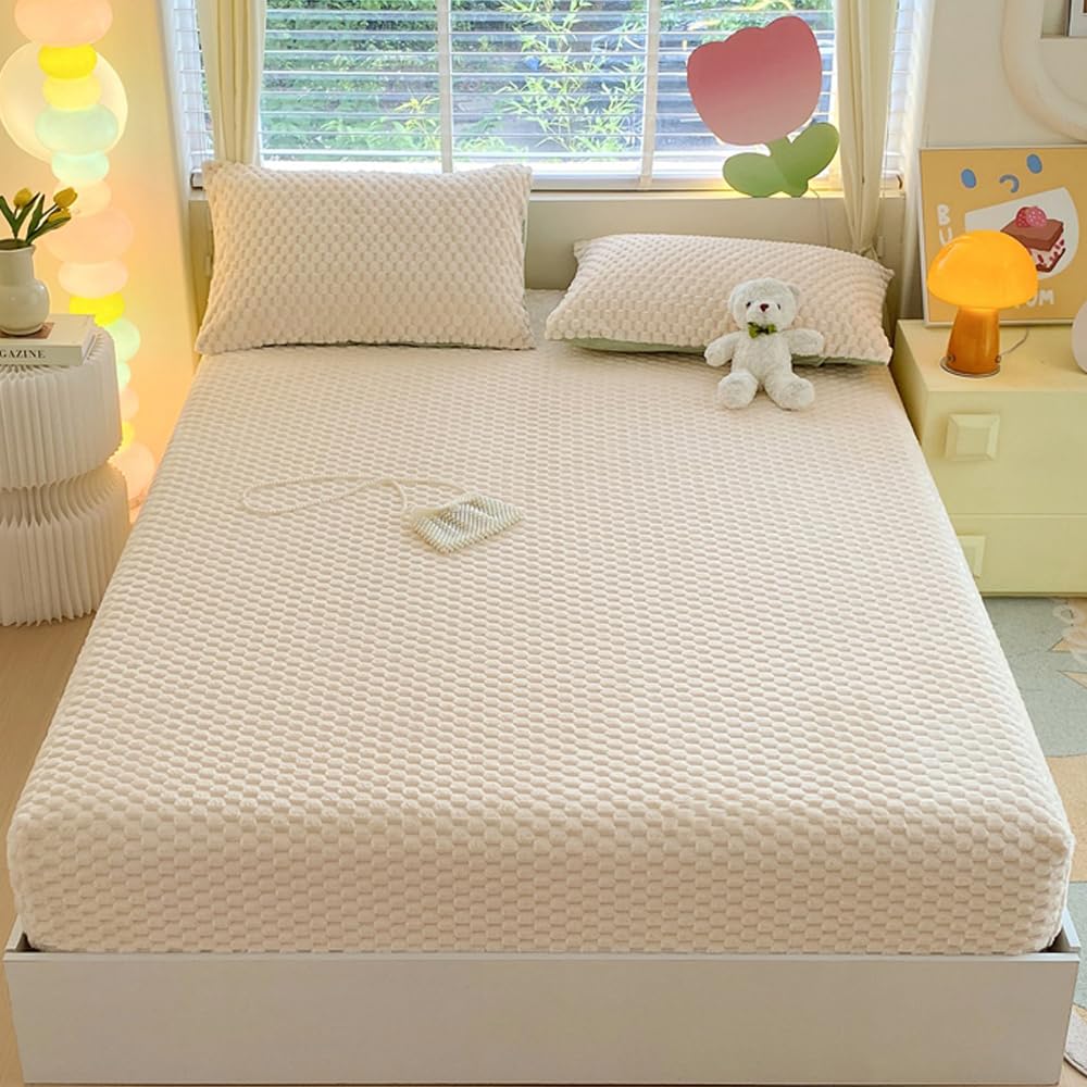 ZIQINPSQ Cozy Fleece Fitted Sheet California King Size - Ultra Soft Fuzzy Bed Sheets for Winter, Deep Pocket 15'' Velvet Plush Bottom Sheet Only (Anti-Static & Warm), Off White