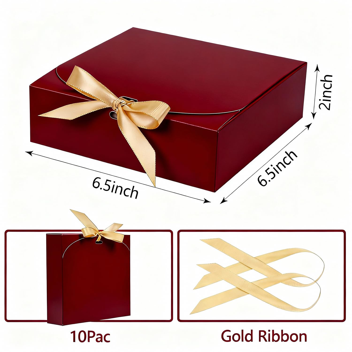 WLUSEAXI Geschenkboxen mit Deckel, 16,5 x 16,5 x 5,1 cm, rote Geschenkboxen für Geschenke, Papierboxen mit Band für Geburtstag, Hochzeit, Party, Schokolade, Süßigkeiten, 10 Stück