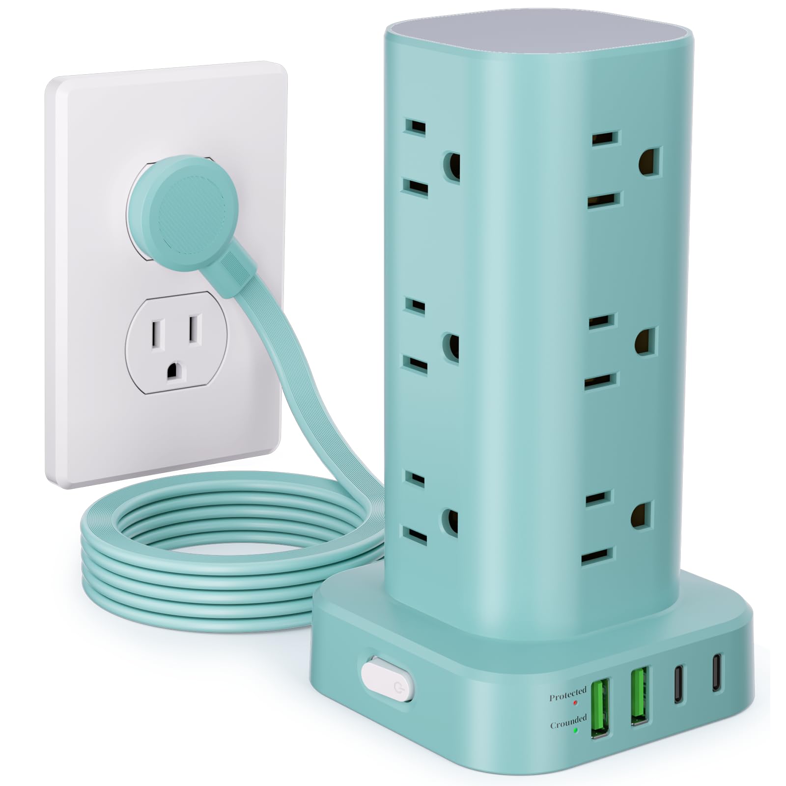 Power Strip Tower with Multiple Outlets, Flat Plug Surge Protector Tower Extension Cord with 12 AC Outlets 4 USB Ports (2 USB C), 6FT Cord Power Tower Surge Protector for Home Office Dorm Room, Blue Blue 6FT without Wireless Charging