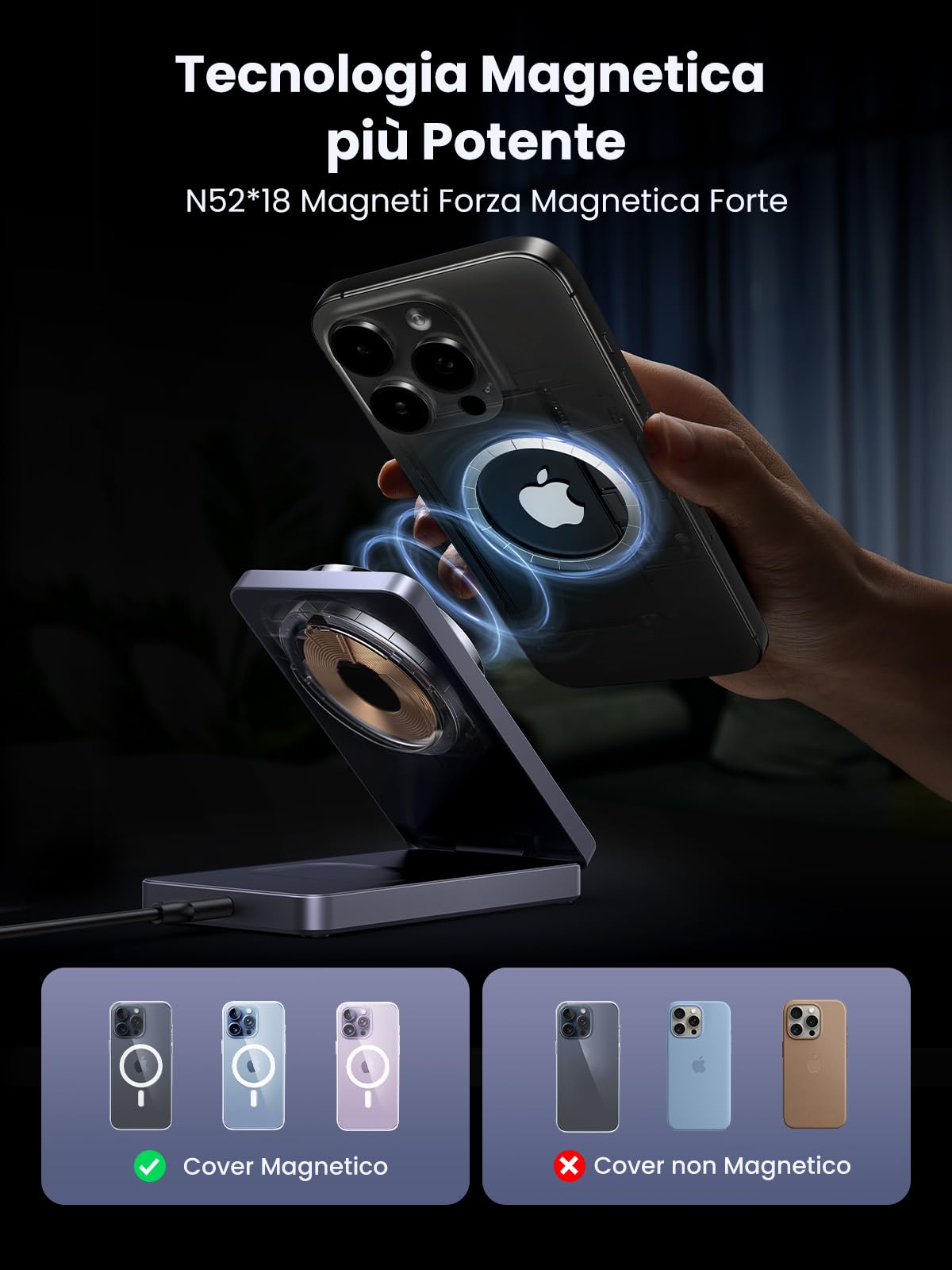 UGREEN MagFlow Caricatore Magnetico 2 in 1, Stazione di Ricarica Wireless per Cuffie Compatibile con iPhone serie 16/15/14/13/12, AirPods PRO 2/3