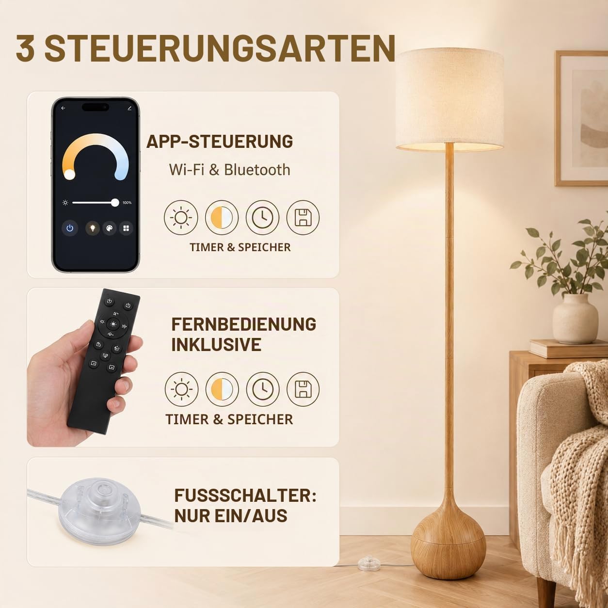 Stehlampe Wohnzimmer Holzoptik, Dimmbar Stehlampe mit Fernbedienung
