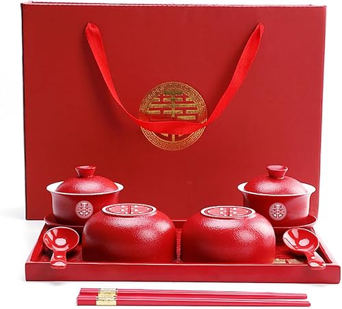 Suministros de decoración de boda tradicionales chinos Juego de té de porcelana de felicidad doble palillos de cuenco de regalo, Juego de té de