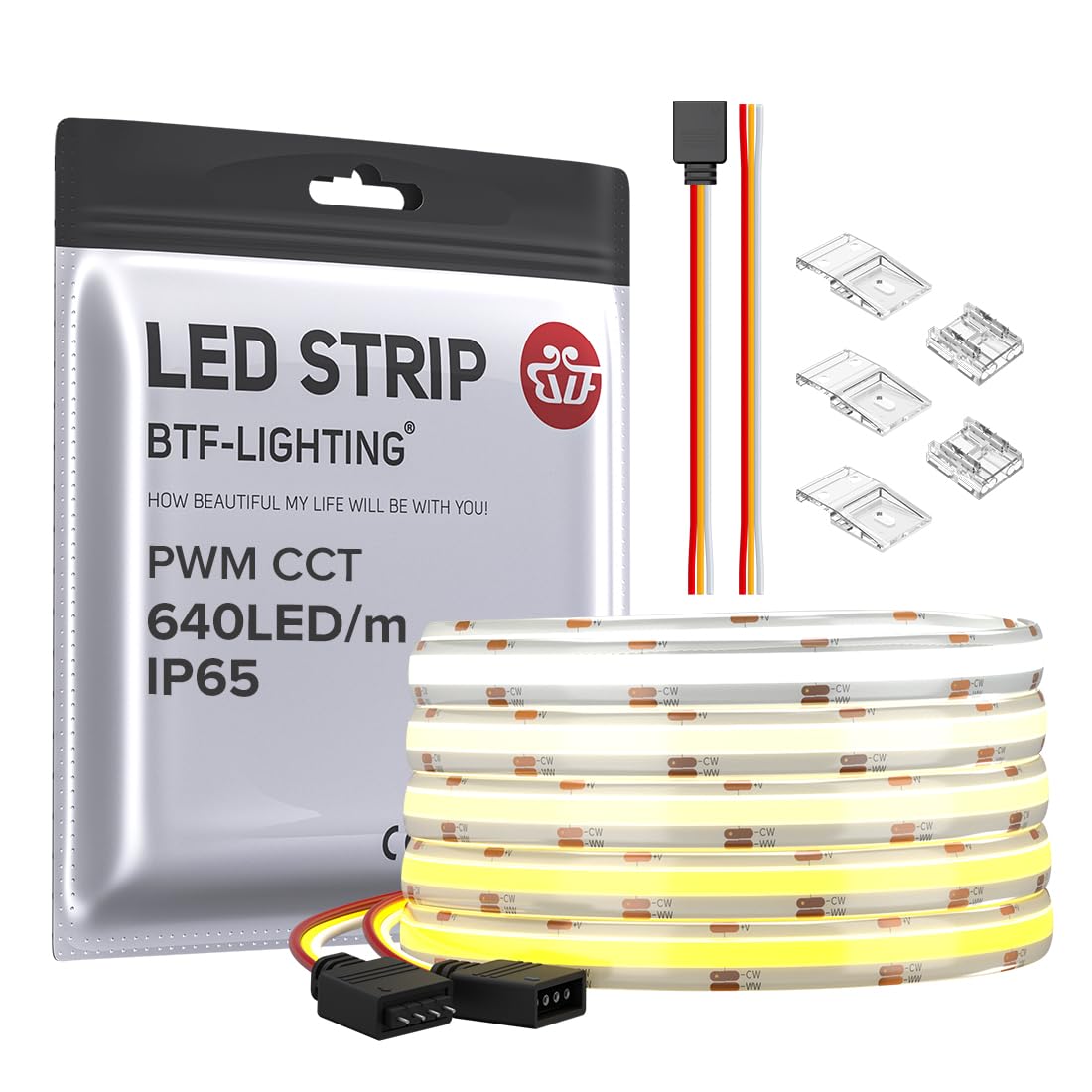 BTF-LIGHTING FCOB COB LED Strip CCT IP65 Flexible High Density 16.4FT 640LED/m Tunable 3000K-6000K DC24V CRI 90+ Dimmable Light Ribbon for Bedroom