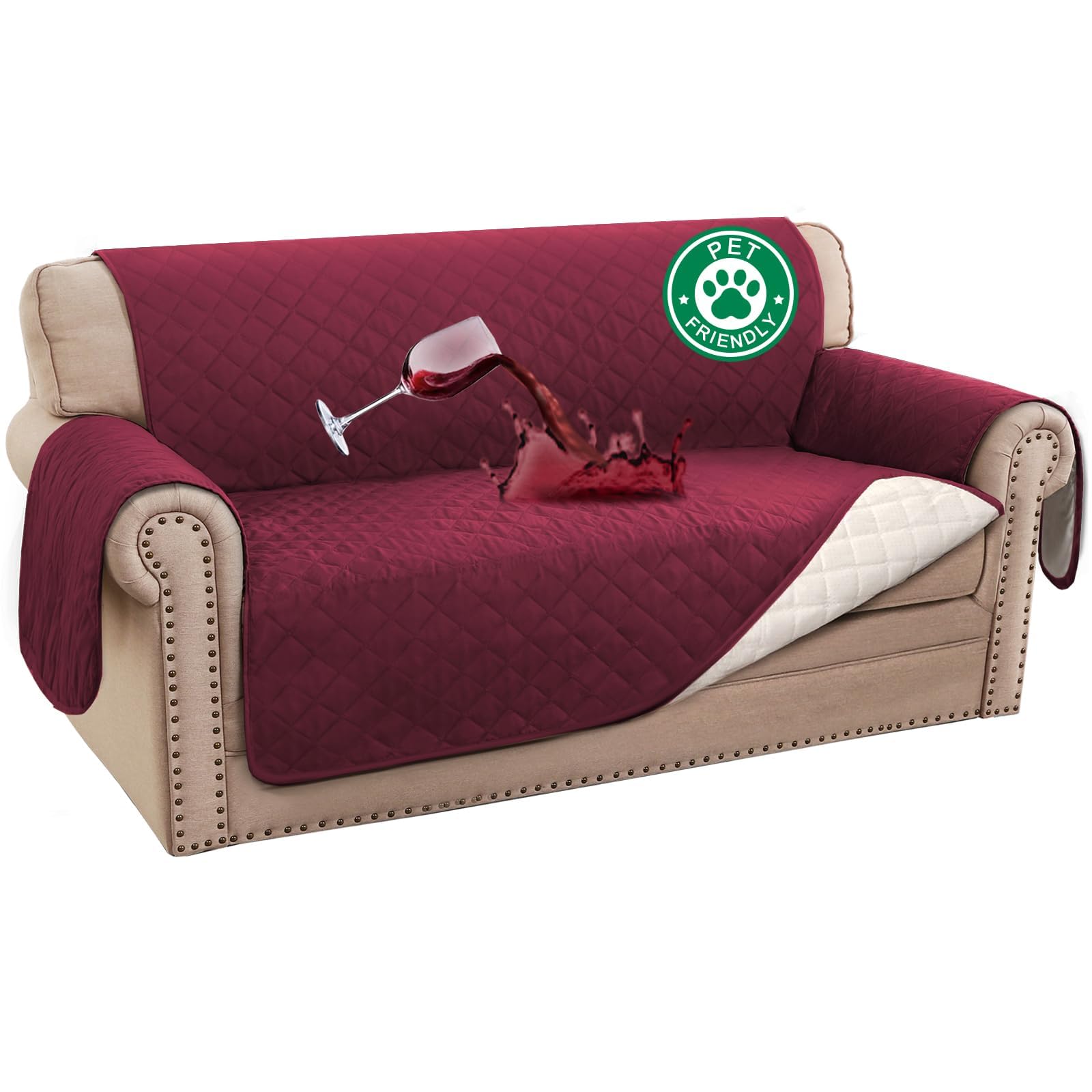 BellaHills Sofa Cover 100% Waterproof Sofa Covers 2 seater Couch Covers Sofa Slipcovers with Elastic Straps Triple Non-Slip Loveseat Sofa Cover Furniture Protector for Kids (Loveseat 47", Burgundy)