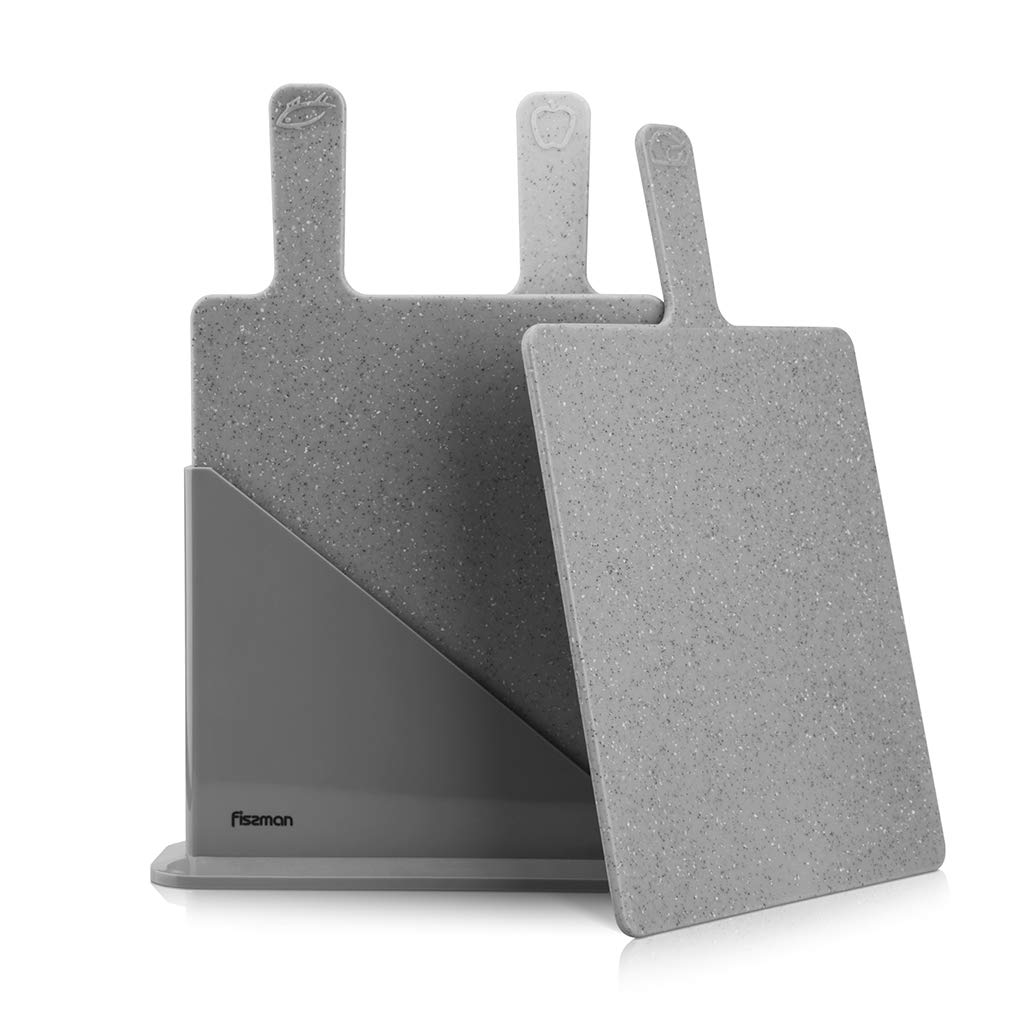 FISSMAN3pcs Plastic Chopping Boards with Stand, Gripped Backing, Durable Slicer Mats, Food Icons, Thick Cutting Board Set, Slip Resistant, Cutting Boards for Meat, Veggies, Fruits