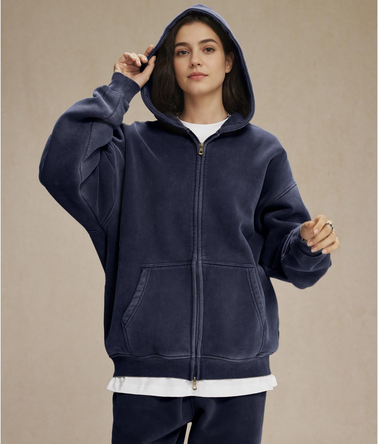 Womens Double Zip Up Hoodies Oversized Heavyweight Fleece Sweatshirt Acid Wash Hoodie Vintage Distress Cotton Jacket - Image 3