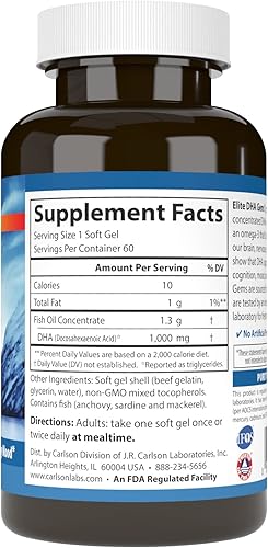 Miniatura 2 de Carlson - Gemas Elite DHA, 1000 mg de DHA, capturadas en la naturaleza, de origen sostenible, función cerebral y visión saludable, 60 cápsulas