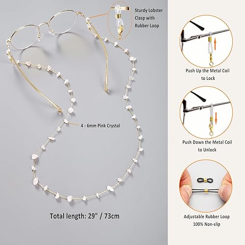 Miniatura 4 de Cadena de lentes para mujer, soporte para lentes alrededor del cuello, correa de cristal natural, cadenas para lentes de sol para mujer