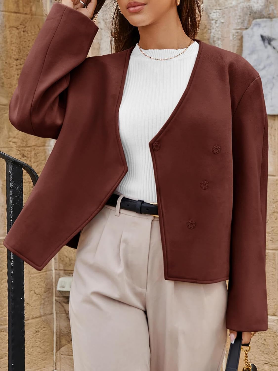 Cicy Bell Womens Cropped Wool Jackets Fall V Neck Short Pea Coats Single Breasted Outerwear Winter Outfits - Image 3