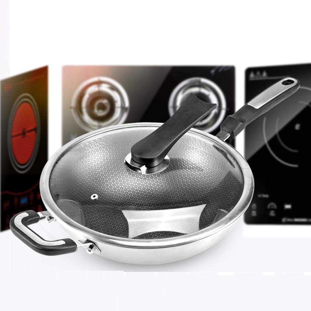 Patelnia Do Smażenia, Patelnia Ze Stali Nierdzewnej, Patelnia Wok, Patelnia Wewnętrzna Z Powłoką Nieprzywierającą, Patelnia Wok, Patelnia Bez Powłoki, Szklana Pokrywa - 34 Cm