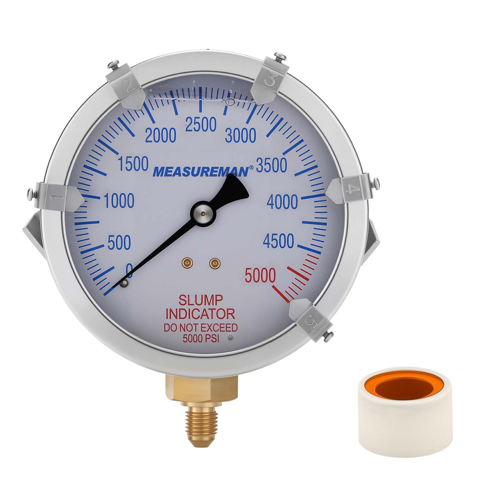 MEASUREMAN Indicador de caída de bomba de hormigón, esfera de 4 pulgadas, 0-5000 PSI con 5 punteros de objetivo ajustables, relleno de glicerina, caja de acero inoxidable 304, montaje inferior 7/16