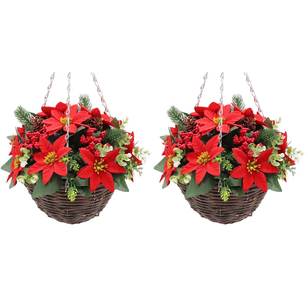 Best Artificial Red (Pair Of) Christmas Poinsettia Hanging Basket, 30Cm, Flowers, Berries, Pine Cones