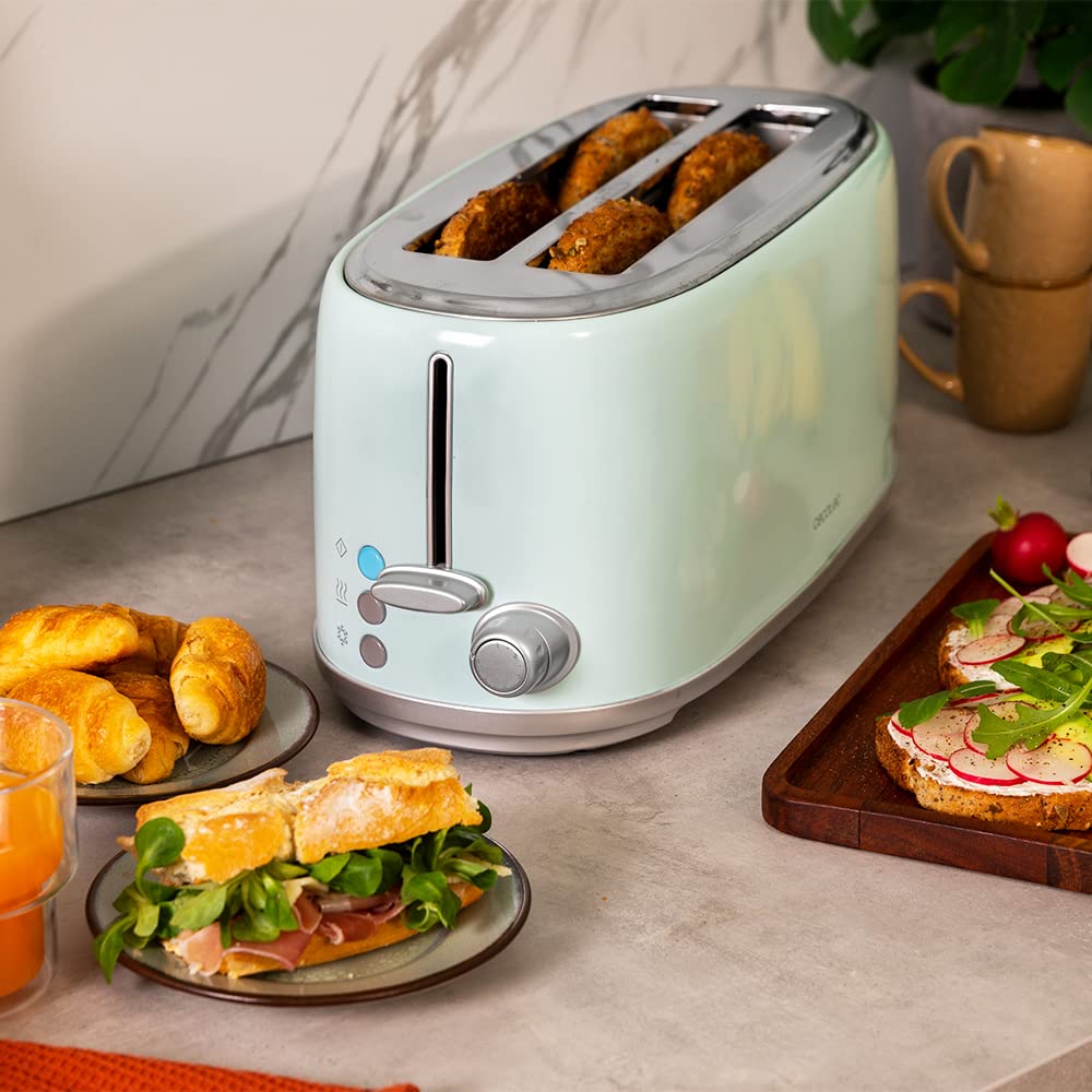 Cecotec Toster, 4 plasterki Toast & Taste 1600 Retro Double Blue, 1630 W, 2 szerokie gniazda 3,8 cm i długie, stal nierdzewna, górne pręty, regulowana moc, taca na okruchy