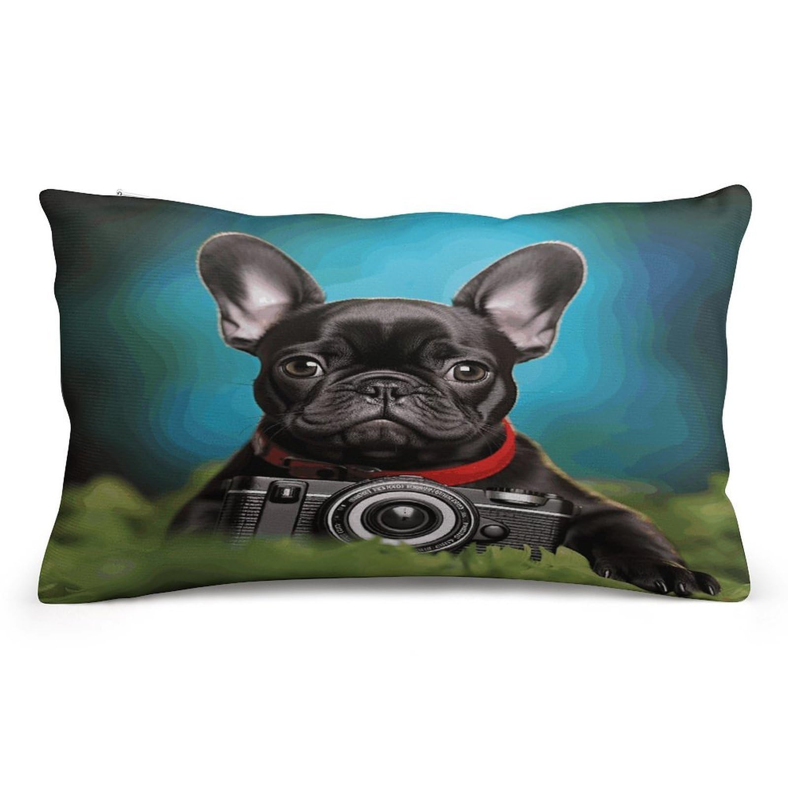 asbwuo Rectangular Decorative Throw Pillow Cover Soft Cushion Cover French Bulldog Puppy with Camera Queen Pillow Cases for Couch Sofa Living Room Bed
