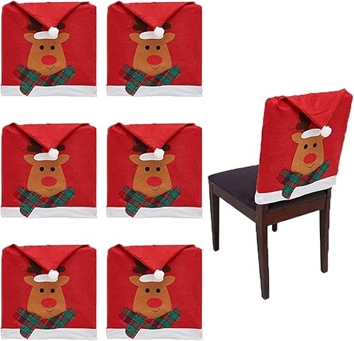 Miniatura 8 de Phedrew 6 fundas para sillas de comedor de Navidad, fundas para sillas de comedor con sombrero rojo de Papá Noel, fundas traseras para banquete de