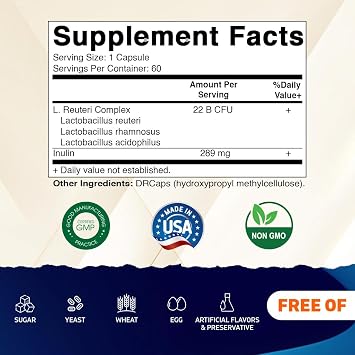 Vitamatic Lactobacillus Reuteri Complex 22 Billion CFU per Delayed Release Capsule 60 Capsules Digestive & Gut Health Support with Prebiotic Inulin Fiber - 2 Pack