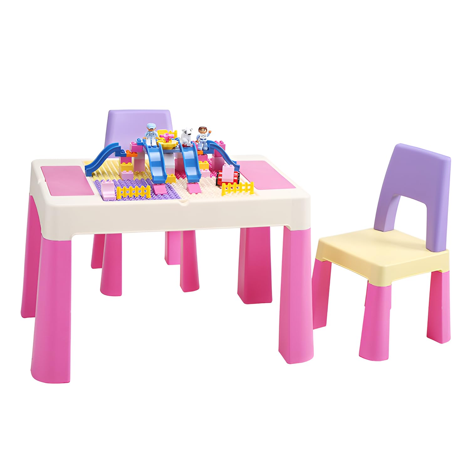 SYGA Kids Toy Table & Chair Set, Multifunctional Desk with Large & Small Block Surface, Lego Compatible, for Drawing & Study (Pink – 1 Table & 2 Chairs)-image-36