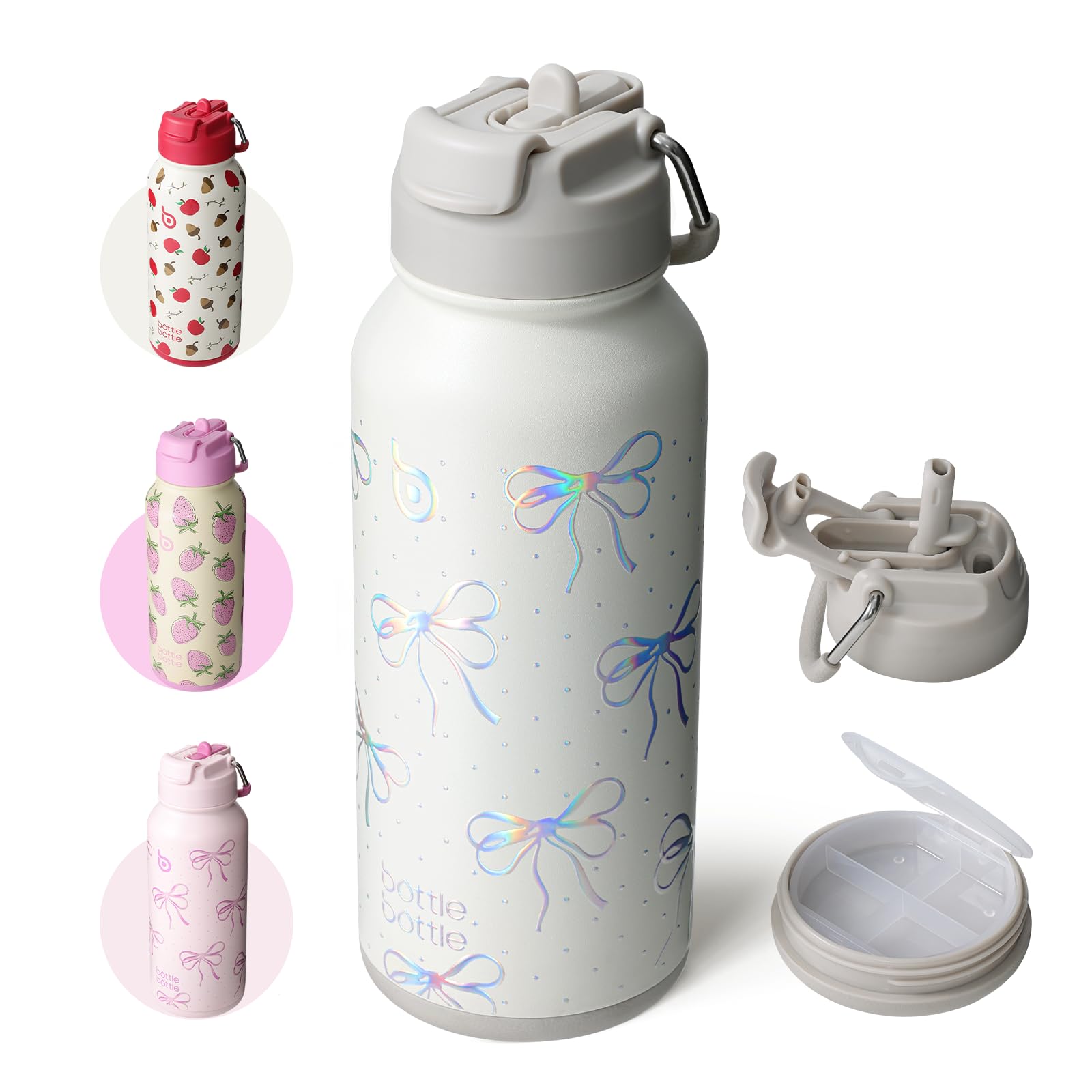 BOTTLE BOTTLE Edelstahl Trinkflasche 1L mit Strohhalm - Auslaufsichere Isolierflasche für Sport & Fitnessstudio, mit Pillenfach, BPA-frei, doppelwandig (Glitzer-Schleife)