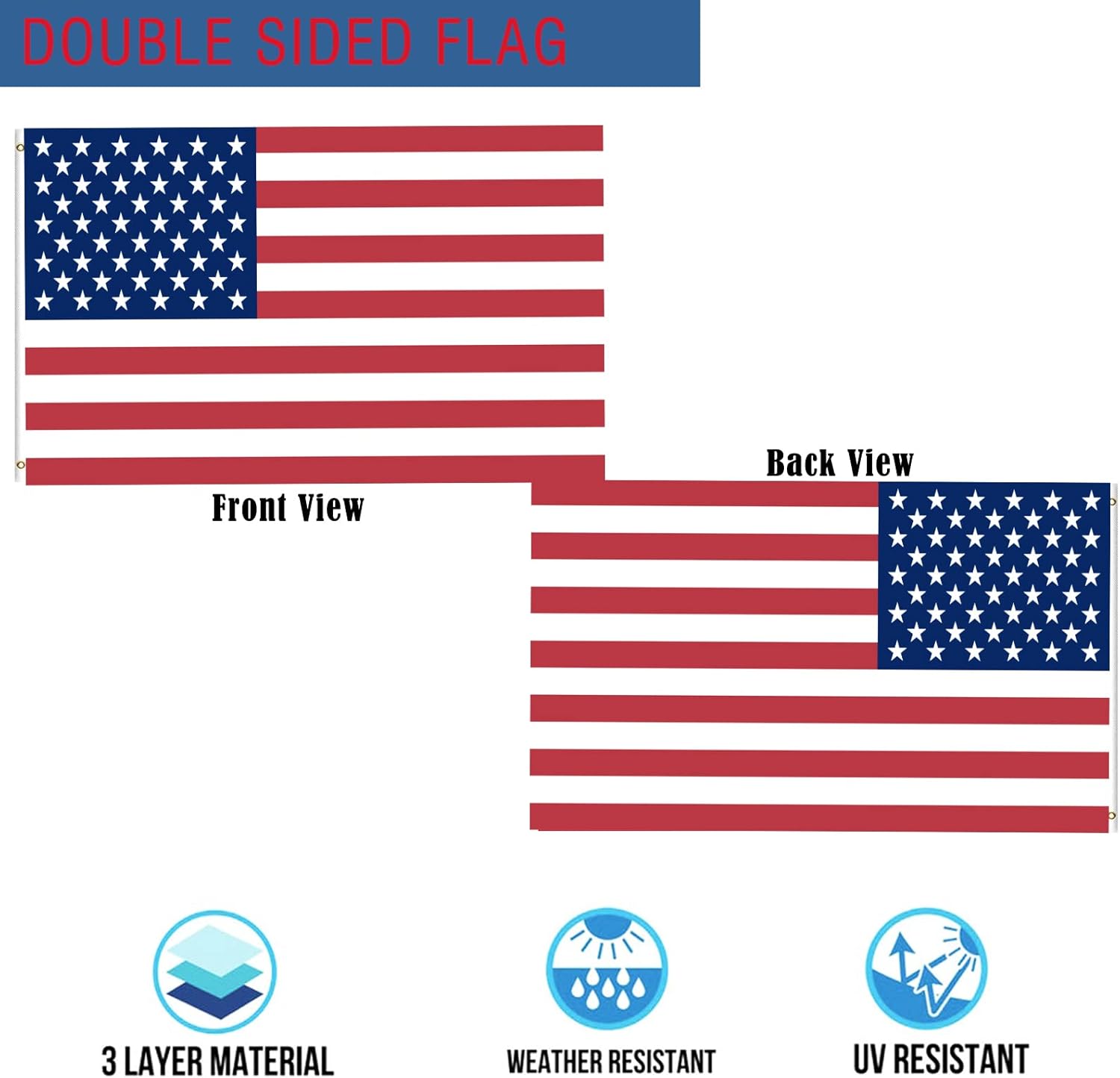 American Flags for Outside 3x5 Double Sided- Heavy Duty 3ply US/USA Patriotic Flags 3x5 Outdoor High Wind Super Durable 4 Rows Stitched Edge Canvas Header with 2 Brass Grommets